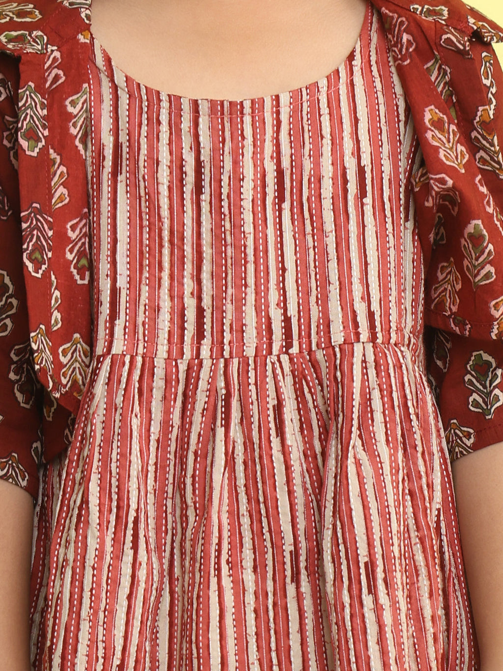 Maroon cotton stripped printed Dress with floral 3/4 sleeves jacket