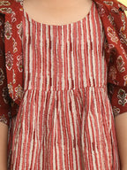 Maroon cotton stripped printed Dress with floral 3/4 sleeves jacket