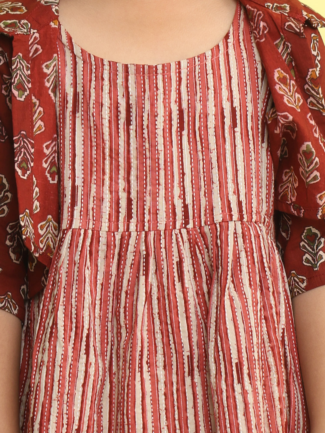Maroon cotton stripped printed Dress with floral 3/4 sleeves jacket