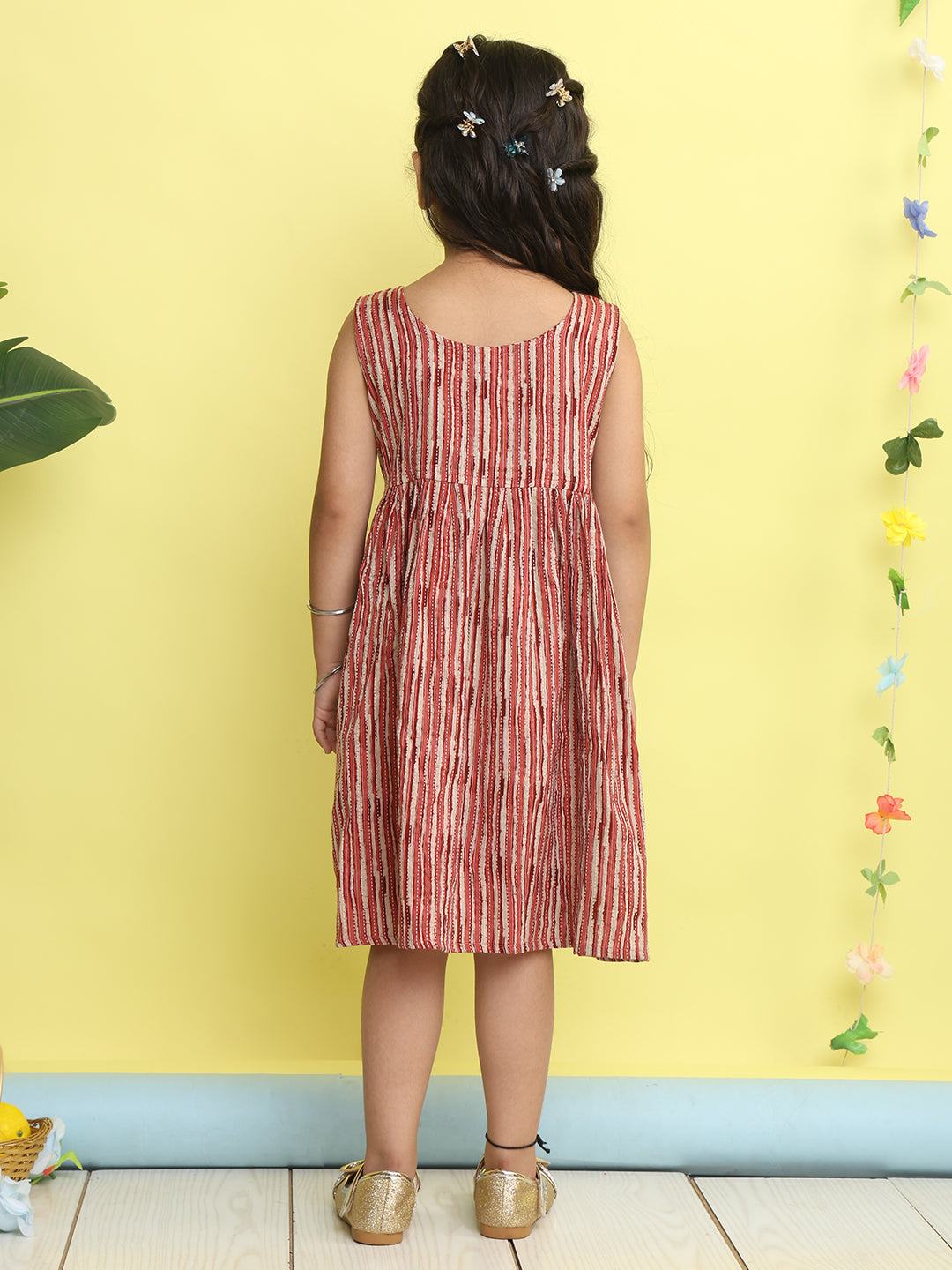 Maroon cotton stripped printed Dress with floral 3/4 sleeves jacket