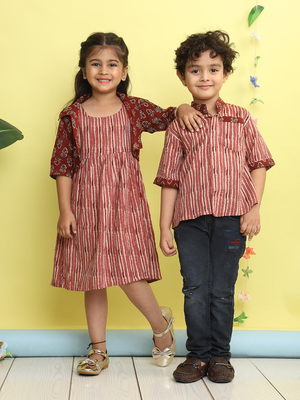 Maroon cotton stripped printed Dress with floral 3/4 sleeves jacket