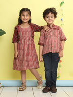 Maroon cotton stripped printed Dress with floral 3/4 sleeves jacket
