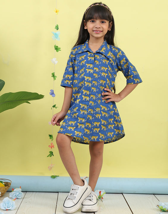 Blue cotton tiger printed 3/4 sleeves shirt Dress