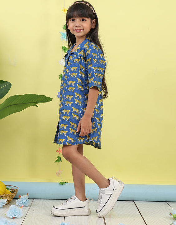 Blue cotton tiger printed 3/4 sleeves shirt Dress