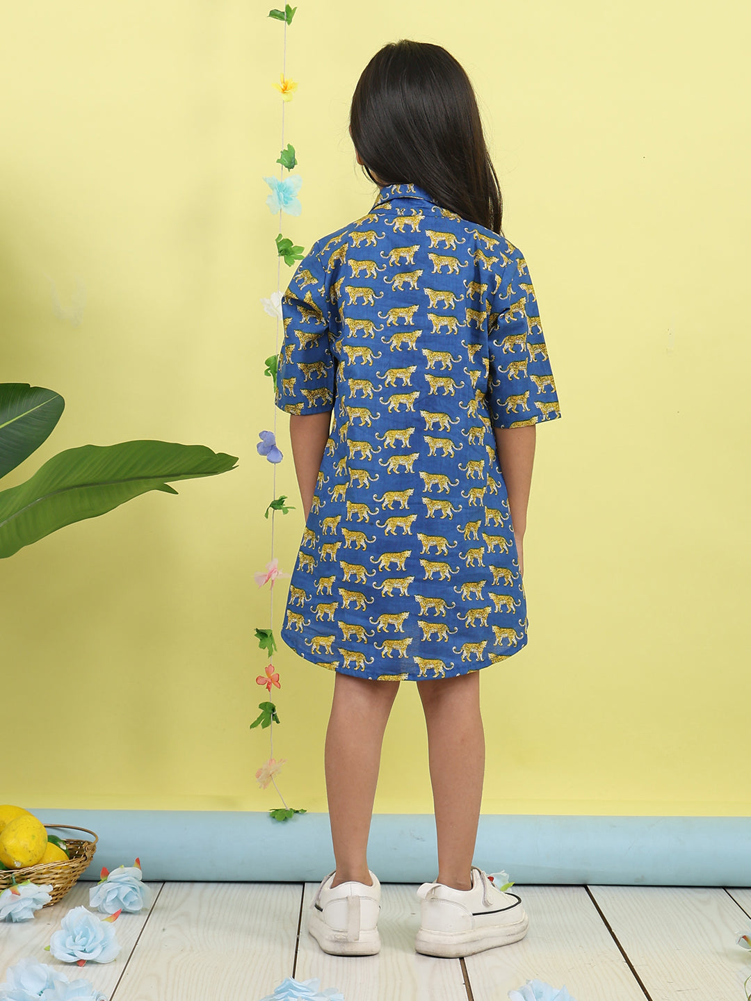 Blue cotton tiger printed 3/4 sleeves shirt Dress