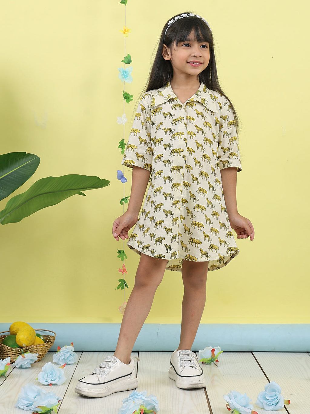 White cotton tiger printed 3/4 sleeves shirt Dress