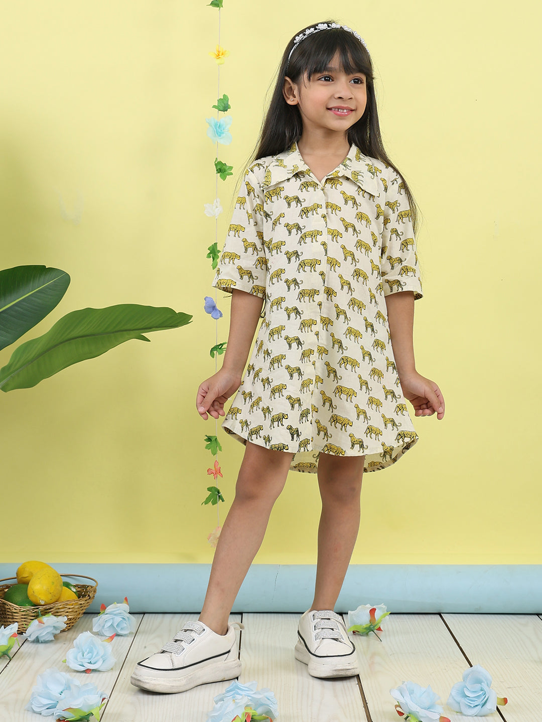White cotton tiger printed 3/4 sleeves shirt Dress