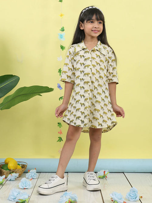 White cotton tiger printed 3/4 sleeves shirt Dress