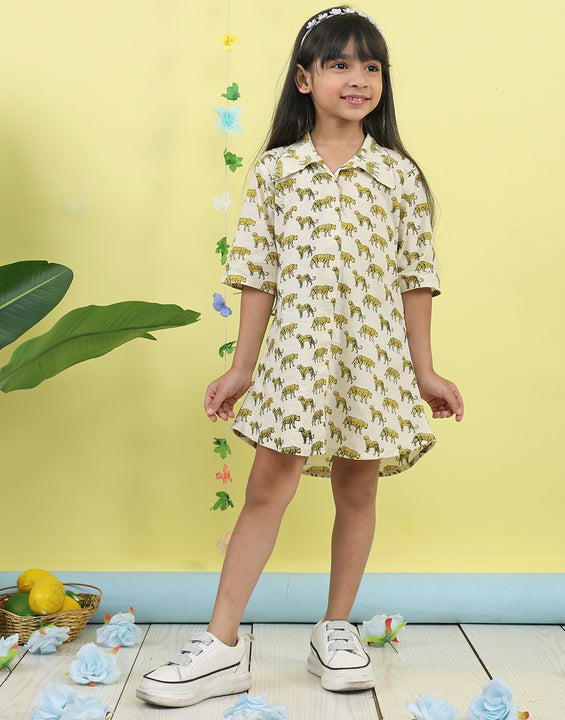 White cotton tiger printed 3/4 sleeves shirt Dress