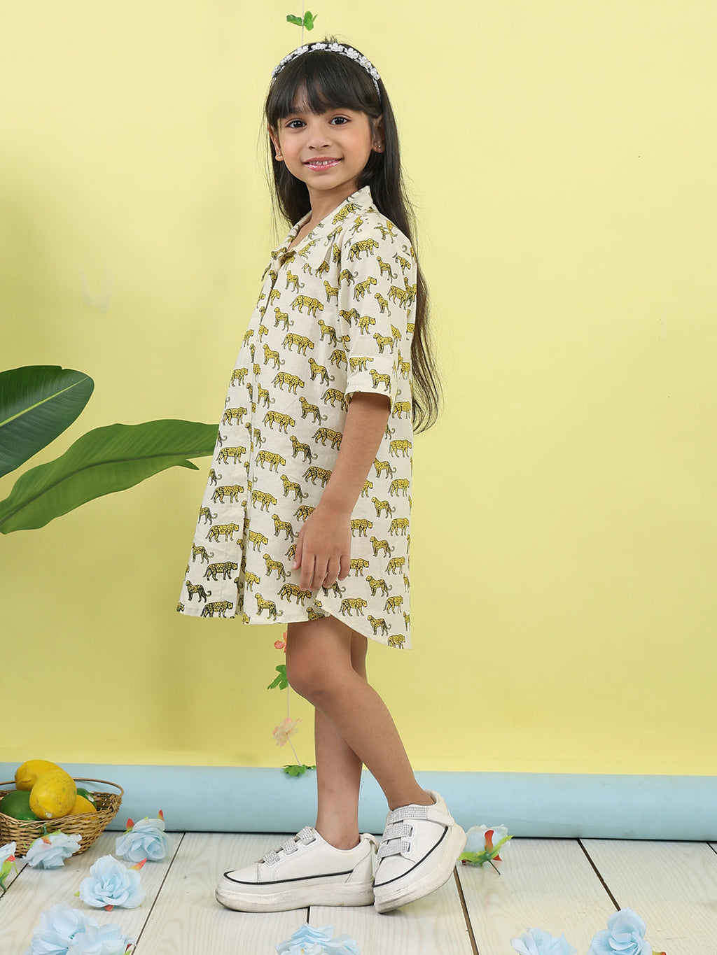 White cotton tiger printed 3/4 sleeves shirt Dress