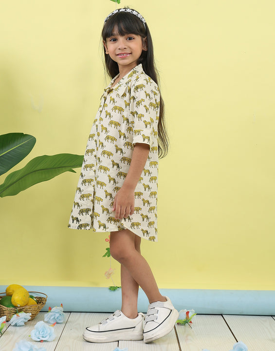 White cotton tiger printed 3/4 sleeves shirt Dress
