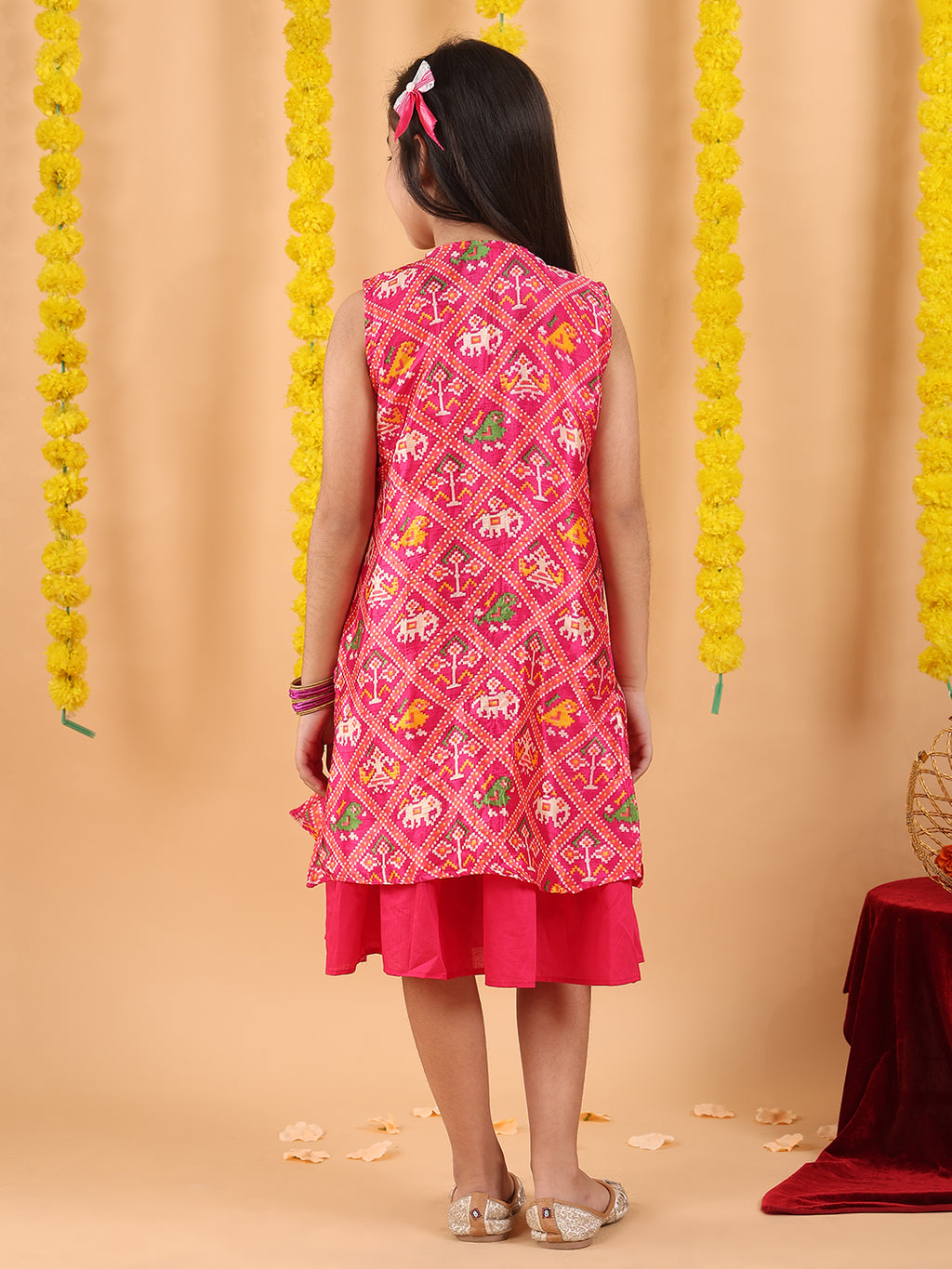 Pink short sleeves embroidered top with patola lehenga and dupatta