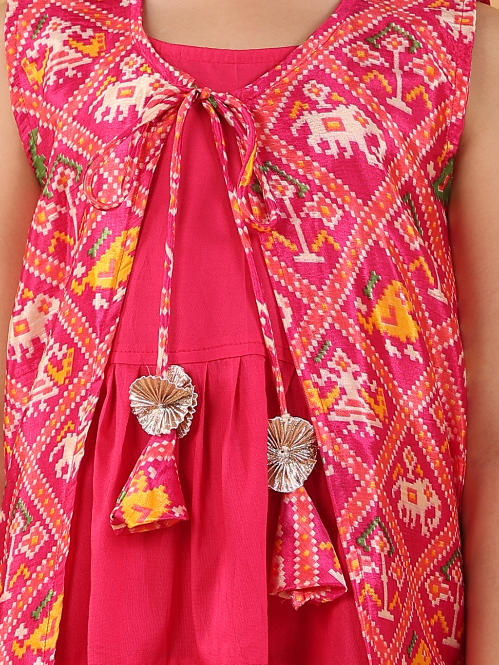 Pink short sleeves embroidered top with patola lehenga and dupatta