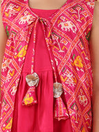 Pink short sleeves embroidered top with patola lehenga and dupatta
