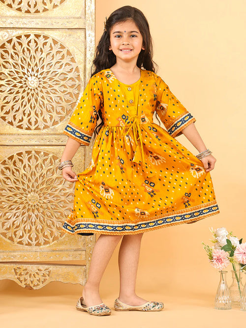 Yellow Patola printed 3/4 Skeeves Dress