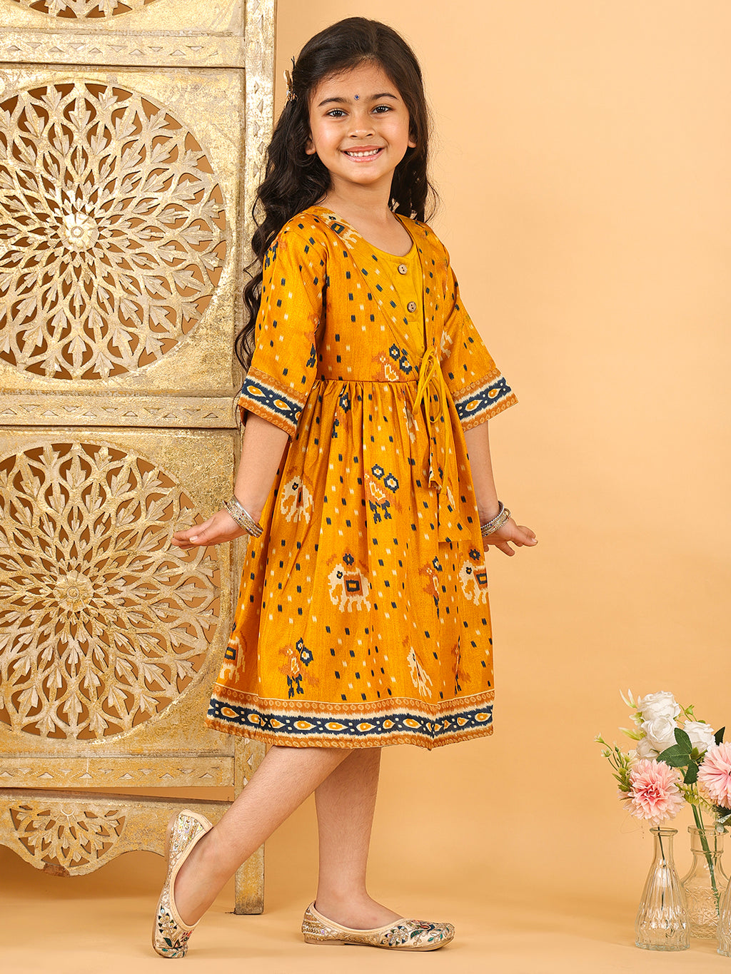 Yellow Patola printed 3/4 Skeeves Dress
