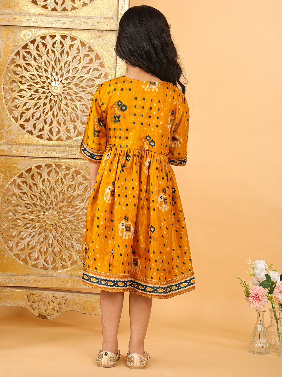 Yellow Patola printed 3/4 Skeeves Dress