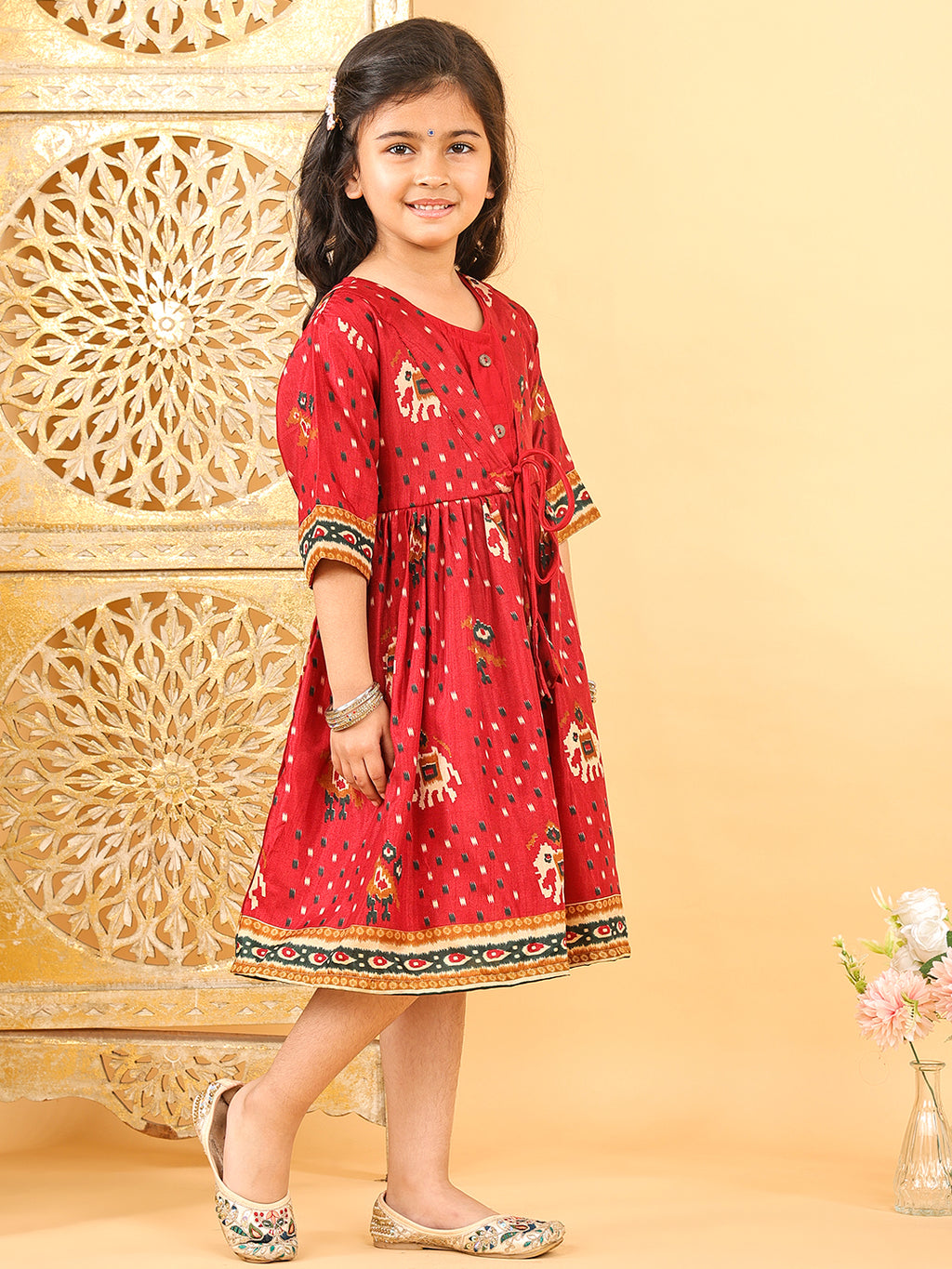 Red Patola printed 3/4 Skeeves Dress