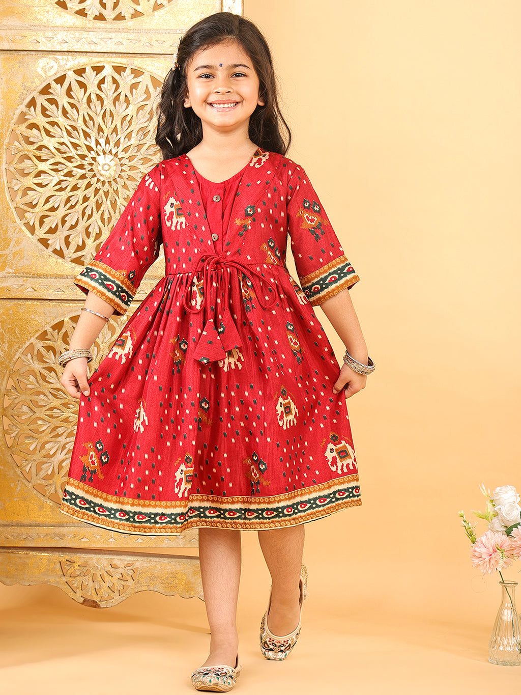 Red Patola printed 3/4 Skeeves Dress