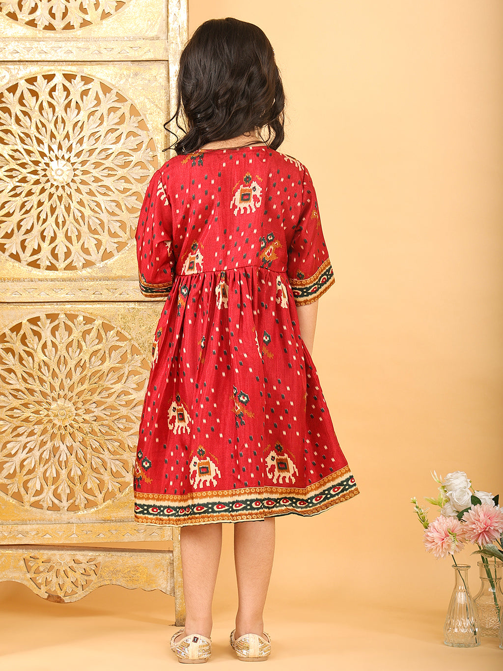 Red Patola printed 3/4 Skeeves Dress