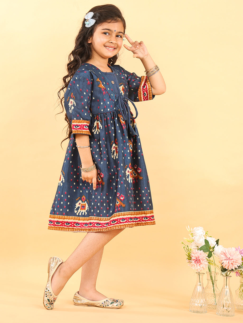 Blue Patola printed 3/4 Skeeves Dress