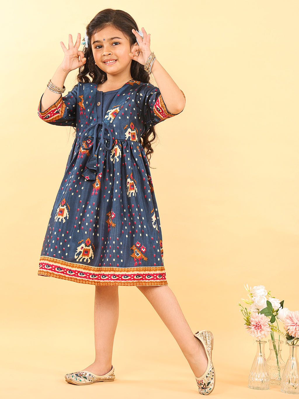 Blue Patola printed 3/4 Skeeves Dress