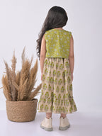 White  Dress with green printed  jacket