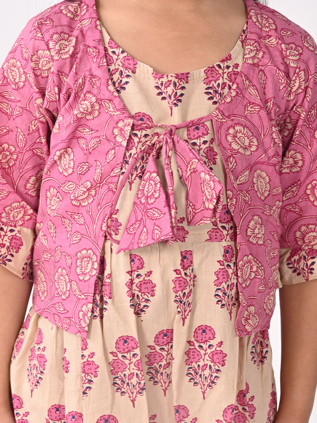 White  Dress with Pink printed  jacket