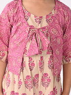White  Dress with Pink printed  jacket