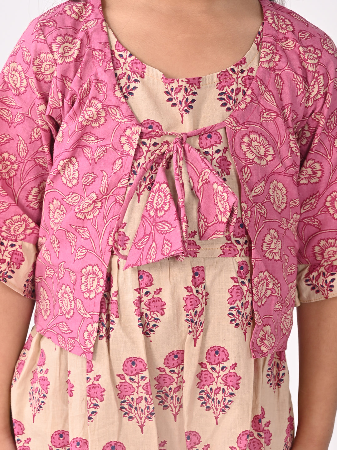 White  Dress with Pink printed  jacket