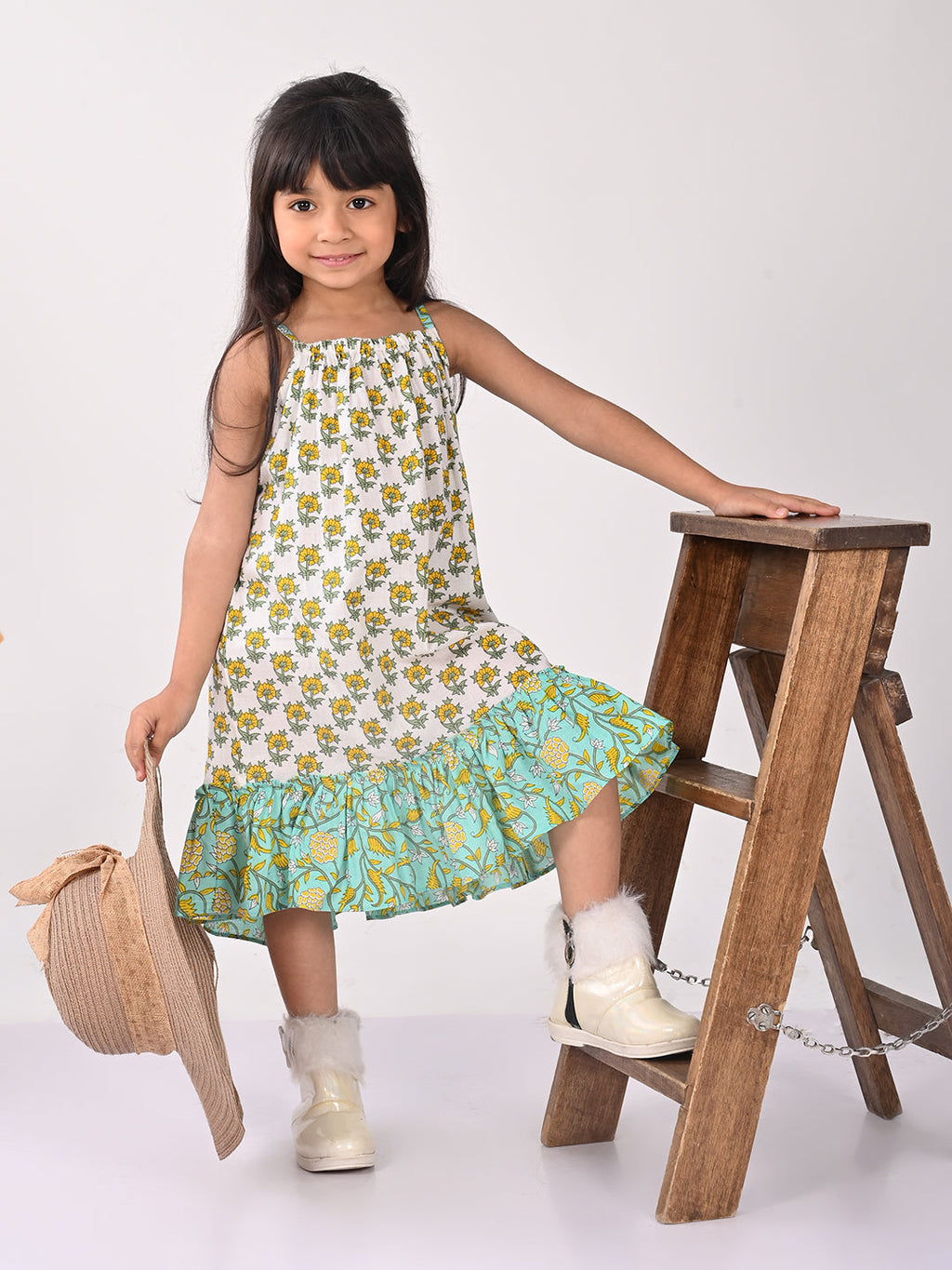 Green and white Floral  Dress