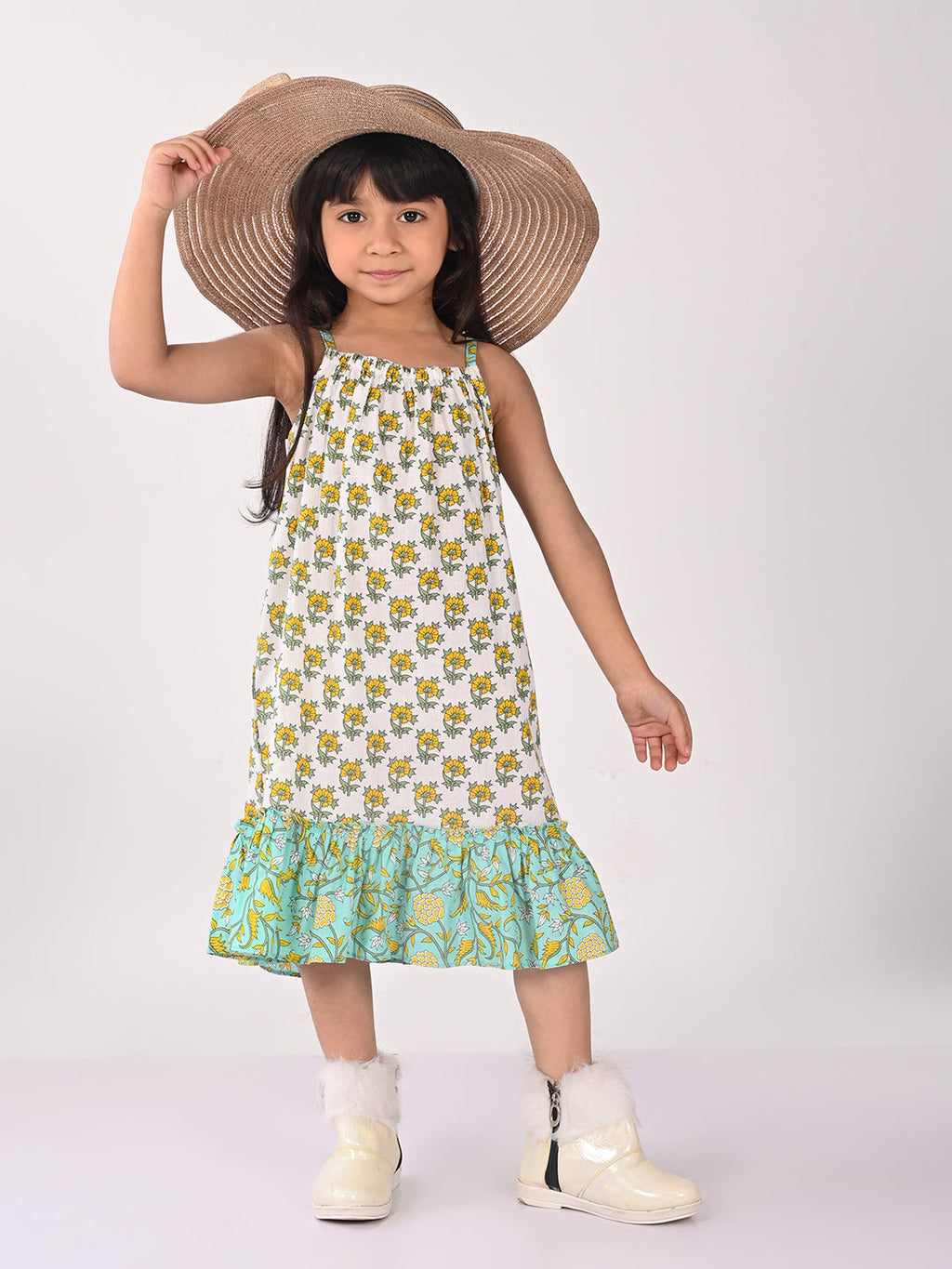 Green and white Floral  Dress