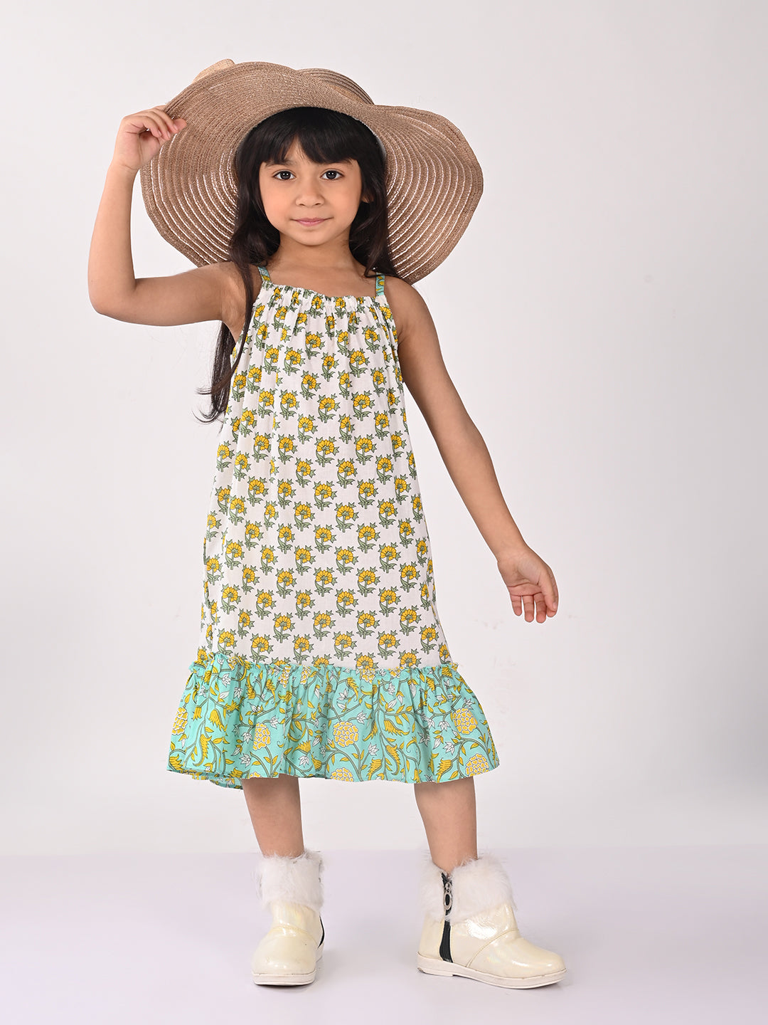Green and white Floral  Dress