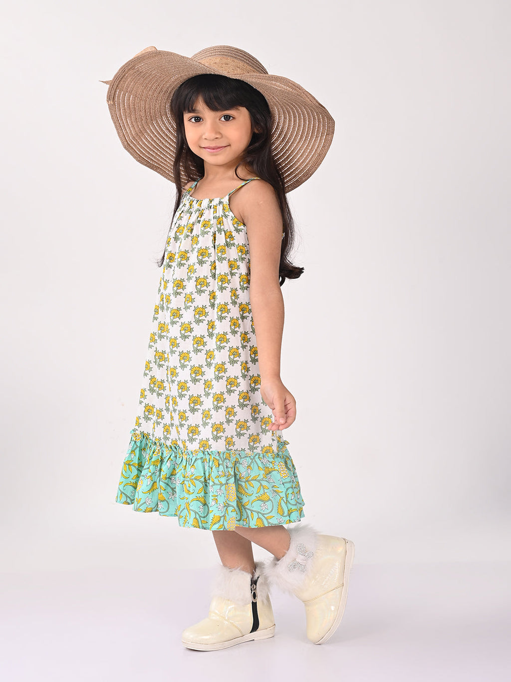Green and white Floral  Dress