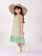 Green and white Floral  Dress