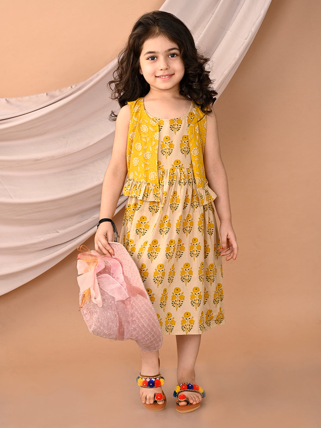 Yellow Sleeveless Dress with Yellow 3/4 Sleeve Printed Jacket