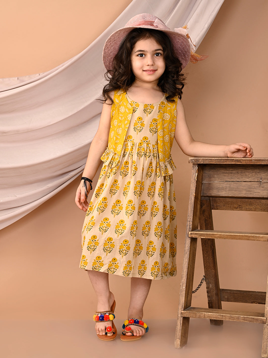 Yellow Sleeveless Dress with Yellow 3/4 Sleeve Printed Jacket