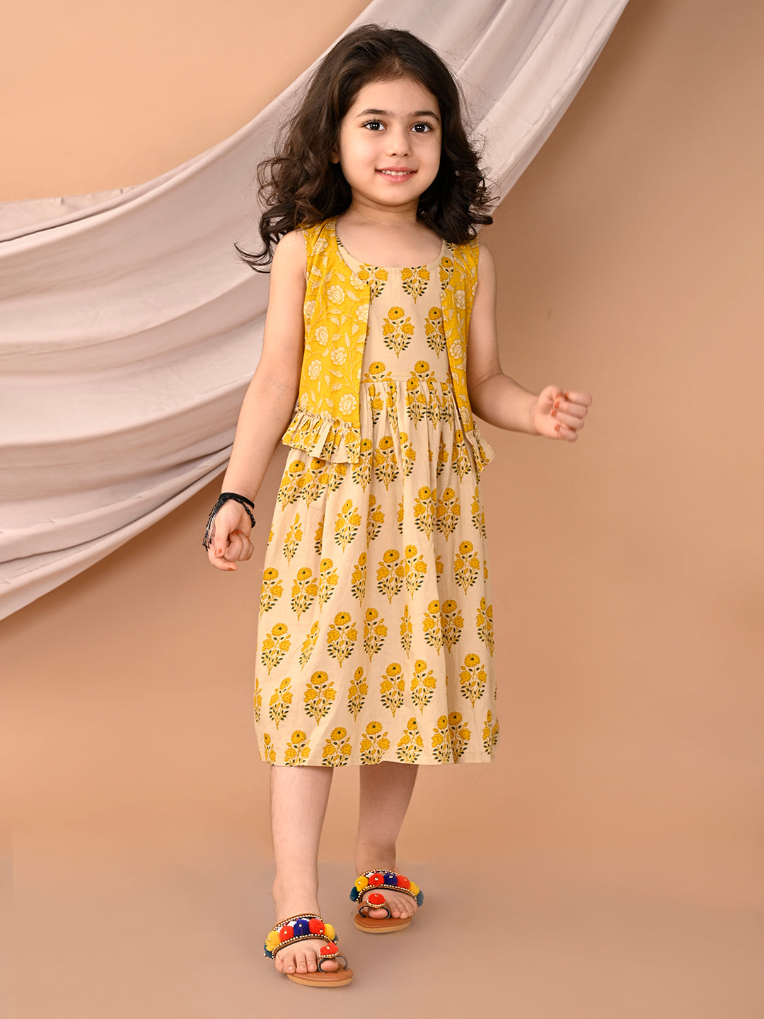 Yellow Sleeveless Dress with Yellow 3/4 Sleeve Printed Jacket
