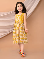 Yellow Sleeveless Dress with Yellow 3/4 Sleeve Printed Jacket