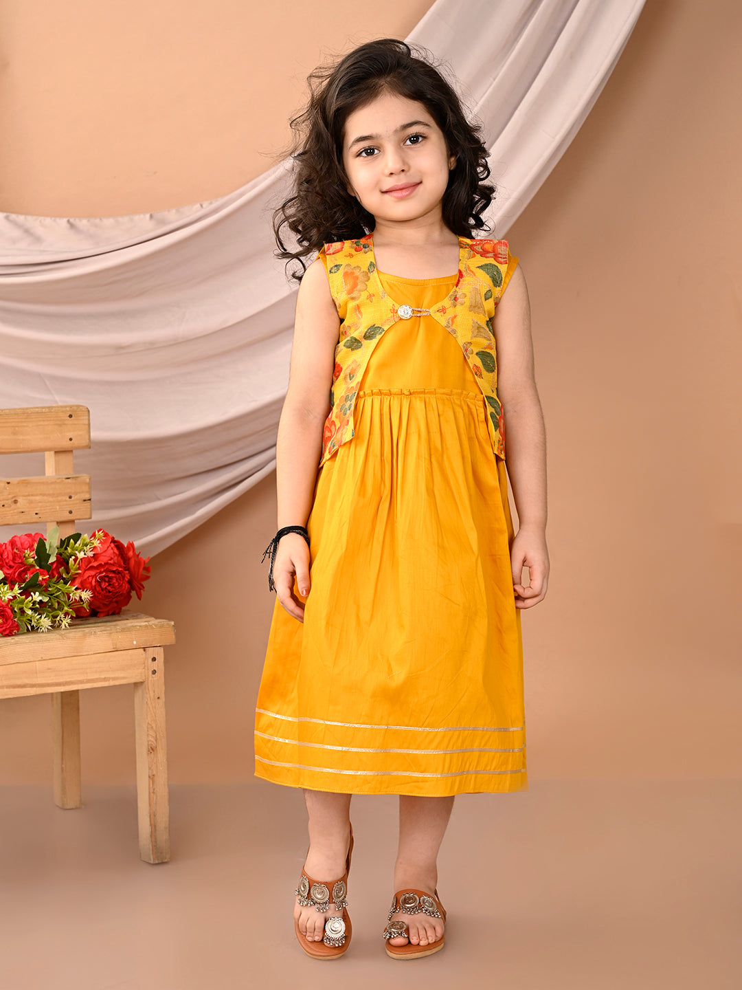 Yellow sleeveless Dress with yellow floral sleevelss  jacket