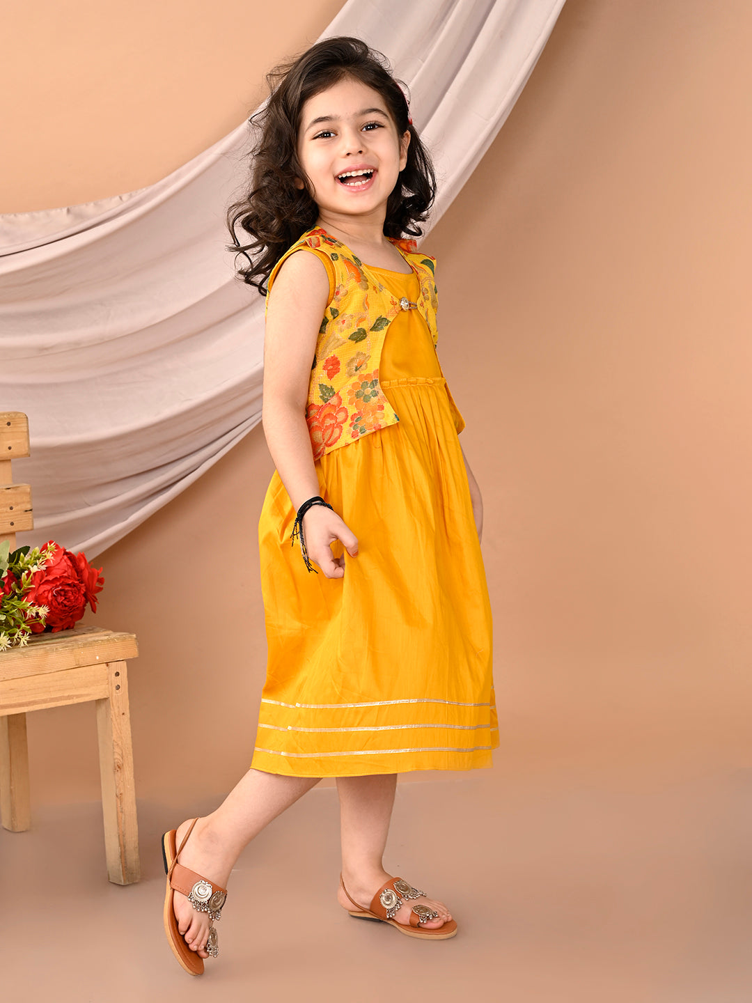 Yellow sleeveless Dress with yellow floral sleevelss  jacket