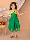 Green sleeveless Dress with yellow floral sleevelss  jacket