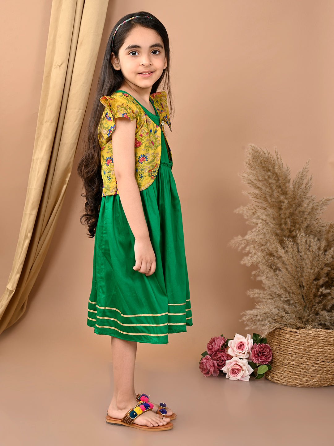 Green sleeveless Dress with yellow floral cap sleeves muslin jacket