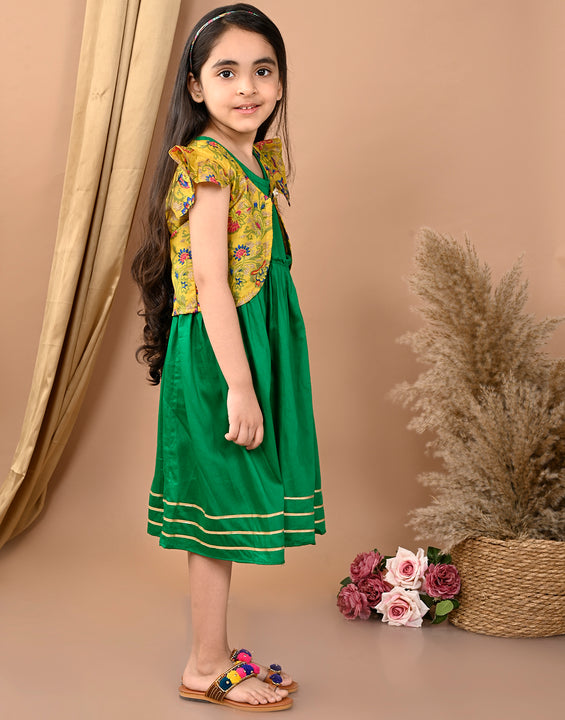 Green sleeveless Dress with yellow floral cap sleeves muslin jacket