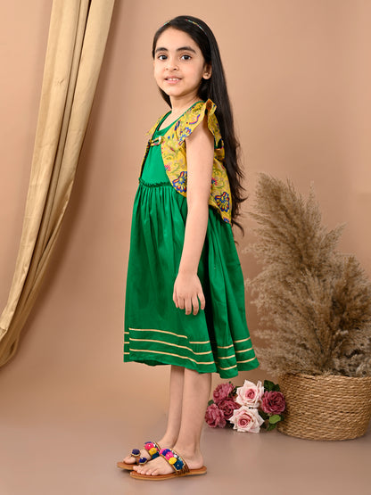 Green sleeveless Dress with yellow floral cap sleeves muslin jacket