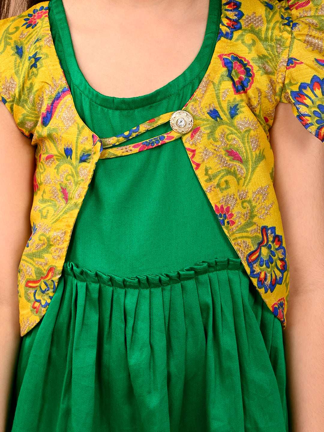 Green sleeveless Dress with yellow floral cap sleeves muslin jacket