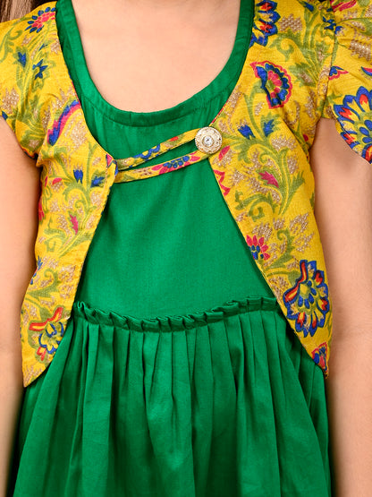 Green sleeveless Dress with yellow floral cap sleeves muslin jacket