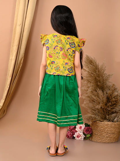 Green sleeveless Dress with yellow floral cap sleeves muslin jacket