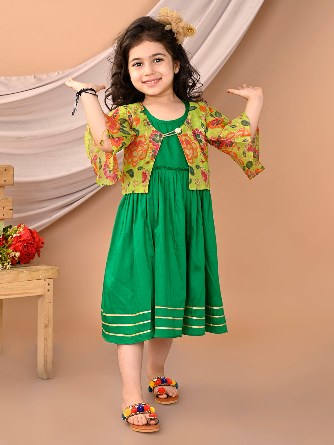 Green sleeveless Dress with green floral 3/4 sleeves jacket