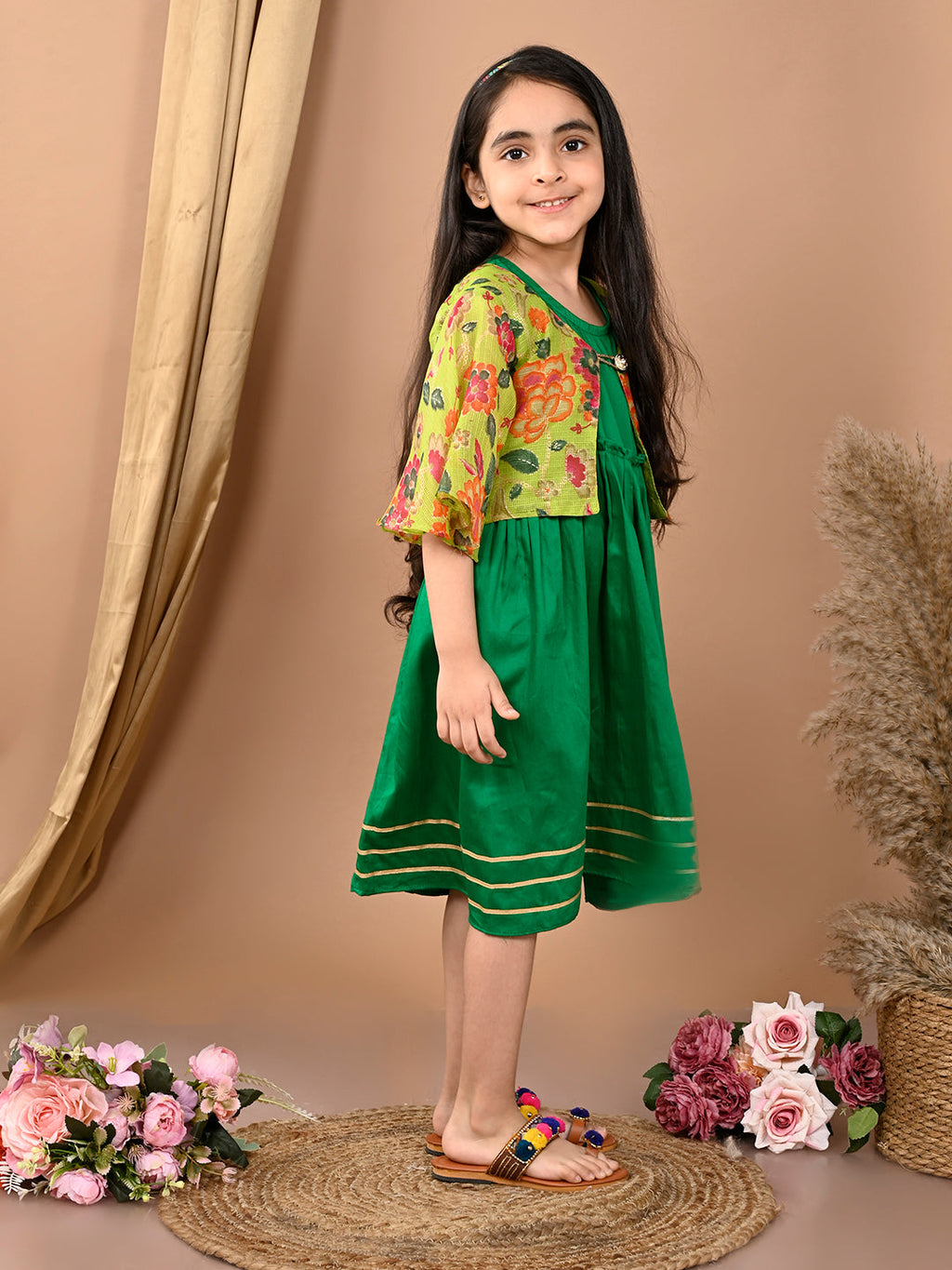 Green sleeveless Dress with Green floral bell sleeves jacket